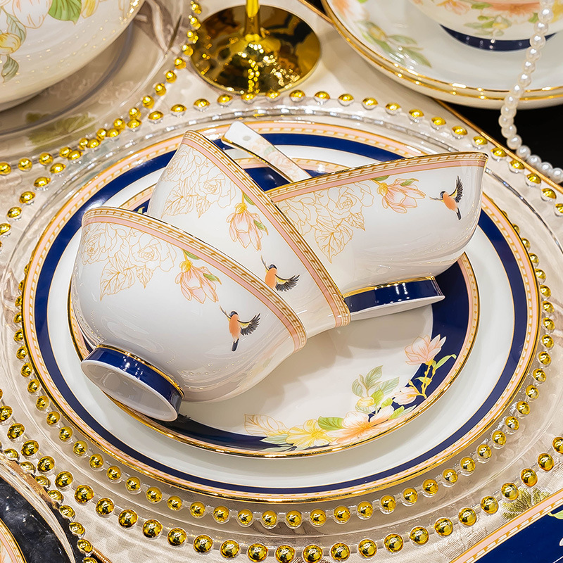 碗碟家用套裝喬遷禮品景德鎮骨瓷餐具中式陶瓷碗筷盤禮盒套裝批發