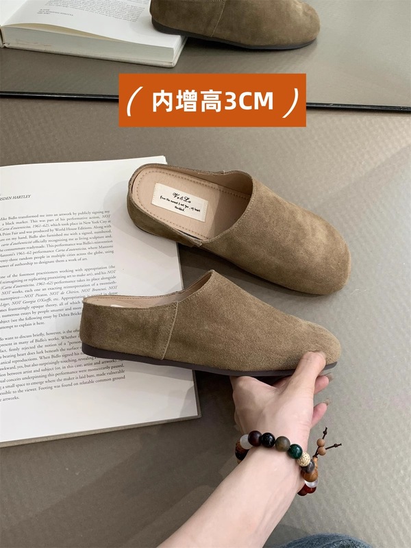 牛皮版~内增高厚底勃肯拖鞋女春秋新款森系复古坡跟包头半拖鞋子|undefined