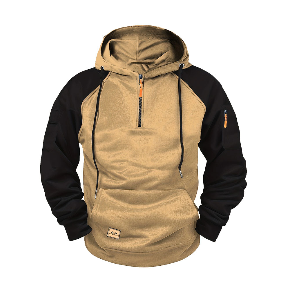 Men's Colour Block Hooded Half-zip Pullover With Kangaroo Pocket_voghion.com