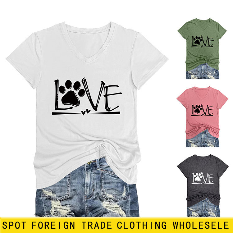 European and American style casual love hollow letter V-neck short-sleeved T-shirt with footprint and heart design, comfortable summer top for women.