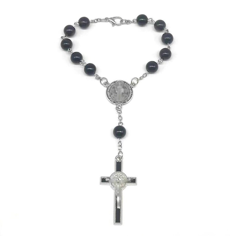 Cross-Border Hot-Selling Black and White Glass Imitation Pearl Rosary Bracelet, Oil-Drip Cross Beaded Bracelet, Direct Sales from the Manufacturer