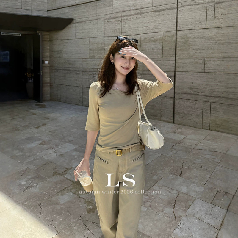 【LS New Brand】Black Label Minimalist Designer Brand New Autumn Simple Versatile Straight-Shoulder T-Shirt for Women 30768 #