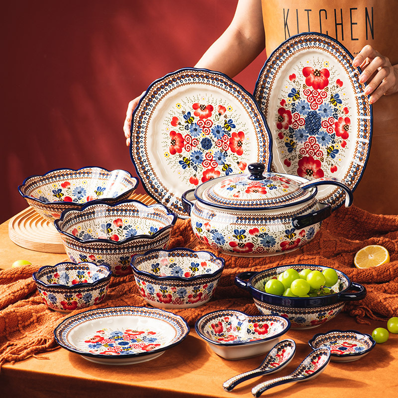 Honey picking red flower bowl dish suit ceramic tableware Rice Bowl Noodle Bowl binaural soup bowl big dish plate household cross-border wholesale