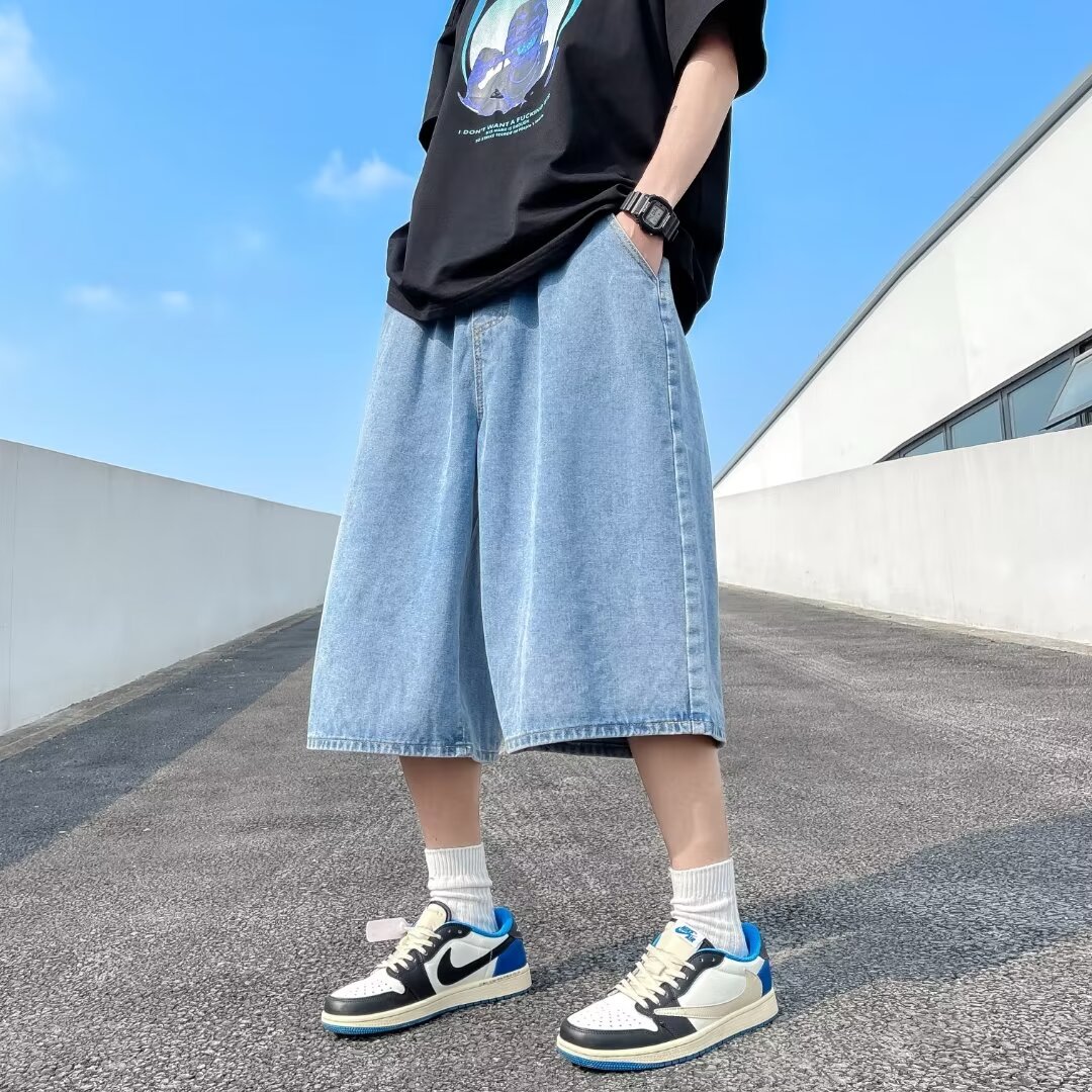 2024 Japanese Style Wide-leg Denim Shorts Men's Summer Thin Loose Straight-leg Over-the-knee Cropped Pants New Pants for Men