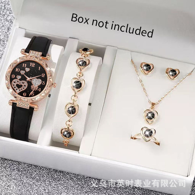 Cross-border best-selling women's watch 6-piece set, high-end diamond-embellished women's leather strap watch, fashionable wristwatch with heart-shaped accessories
