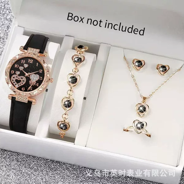 Cross-border best-selling women's watch 6-piece set, high-end diamond-embellished women's leather strap watch, fashionable wristwatch with heart-shaped accessories