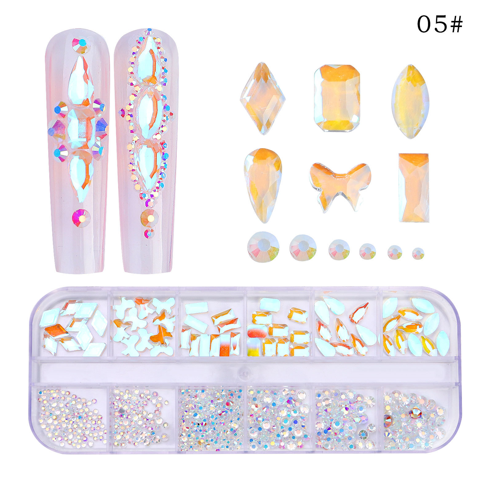 Transfronterizo nuevo taladro de uñas de 12 rejillas de forma especial diamante plano rhinestone AB joyería de uñas decoración de uñas de diamantes ventas directas de la fábrica