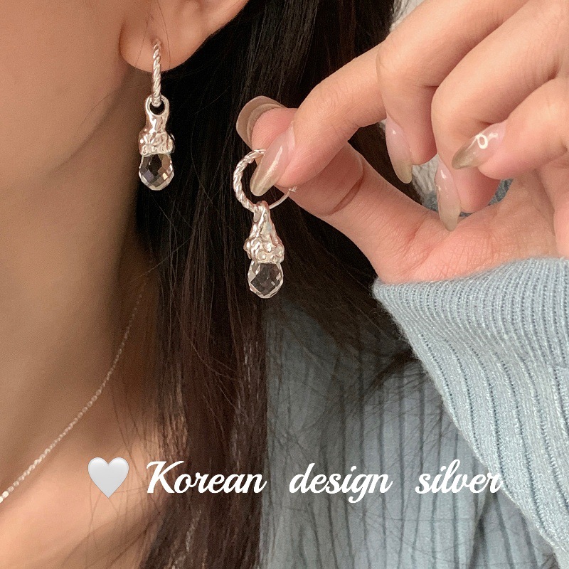 韓國重工銀飾ins風 S925純銀熔岩水晶耳扣 小眾設計高級女款耳環