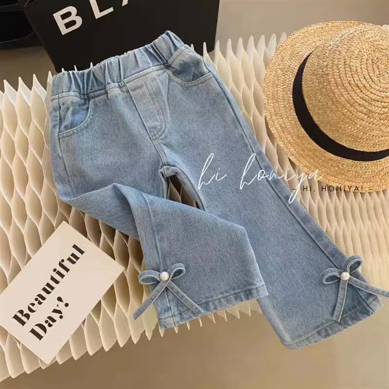 Girls' Pants Korean-style Women's Treasure Pearl Bow Horn Jeans Girls' Cute All-match Trendy Pants