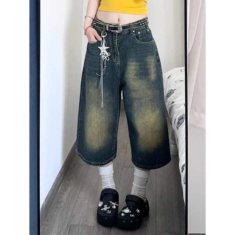 Plus Size Fat mm Three-Quarter Denim Shorts Women's Summer Retro American Loose Slimming Look High-Waisted Straight Wide-Leg Medium Pants