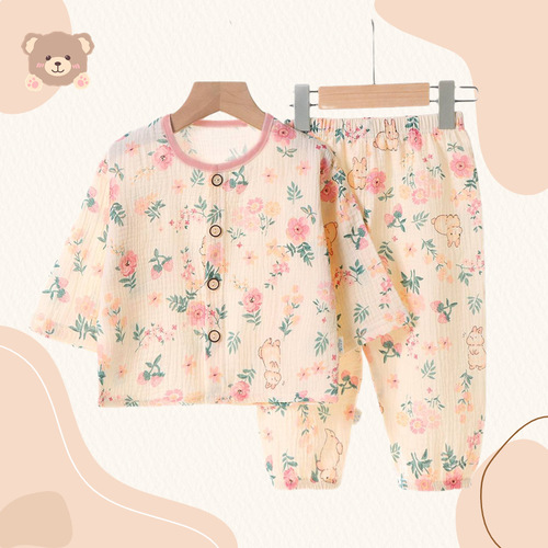 Children's new crepe cotton gauze pajamas for girls and boys, spring and summer home wear, long sleeve air conditioning suit set