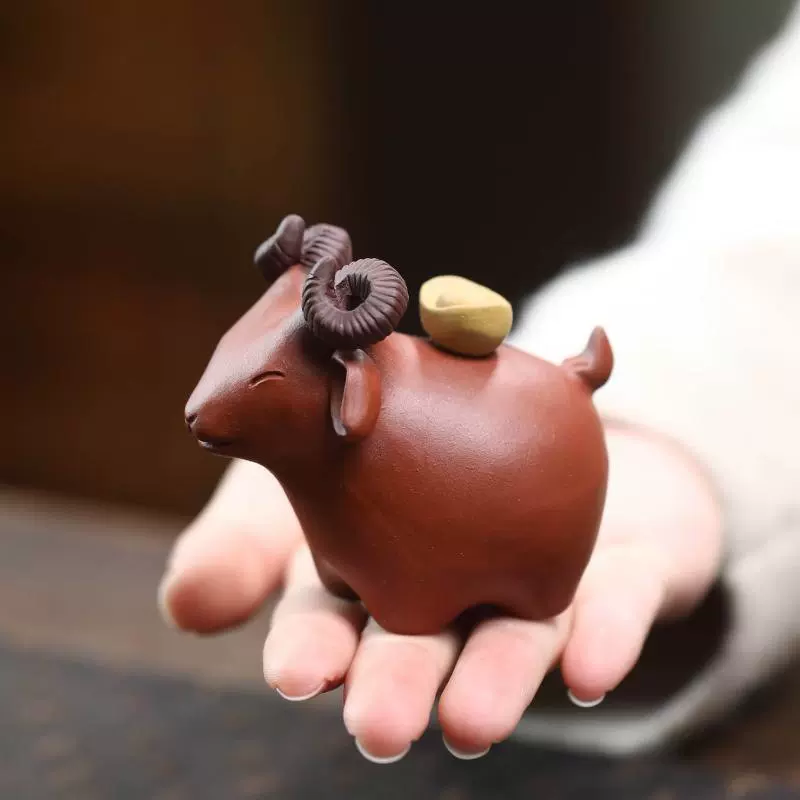 茶宠摆件宜兴紫砂运财羊精品可养可爱招财羊生肖手工茶玩茶道配件