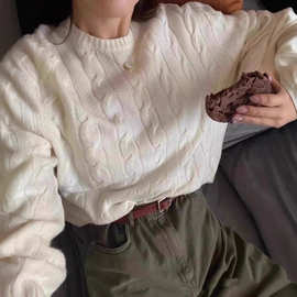 软糯亲肤100%羊毛衫宽松慵懒风毛衣针织羊绒衫女打底扭花毛衣女