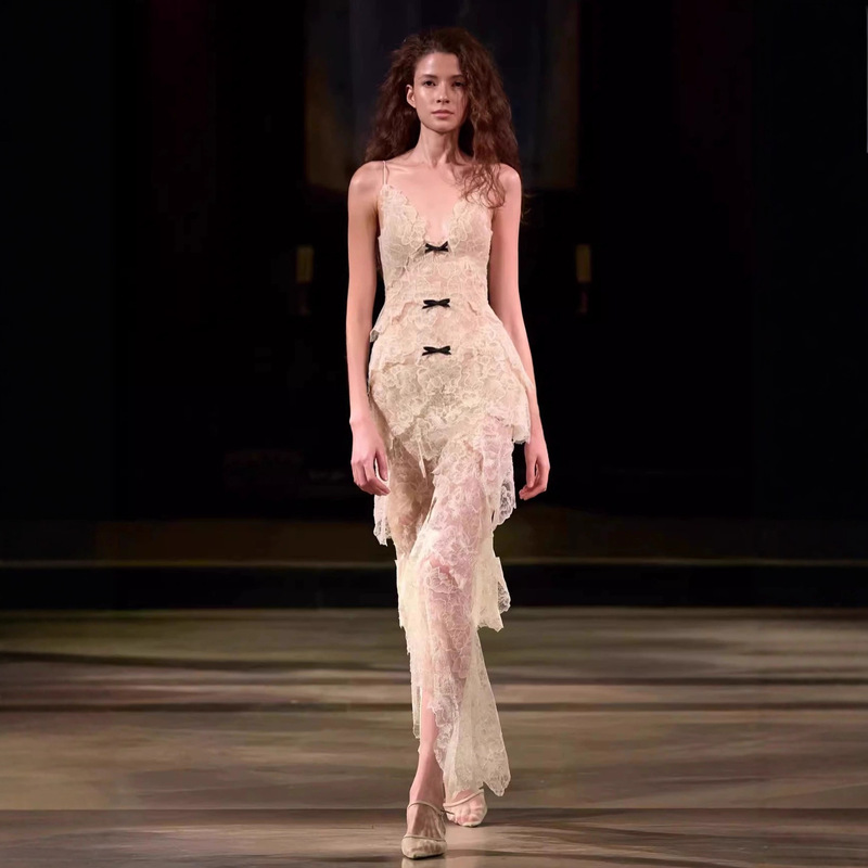 2026 Autumn and Winter French Lace Bow Strap Dress Atmospheric Banquet Fairy Style Long Dress for Women 2026 Autumn and Winter French Lace Bow Strap Dress Atmospheric Banquet Fairy Style Long Dress for Women