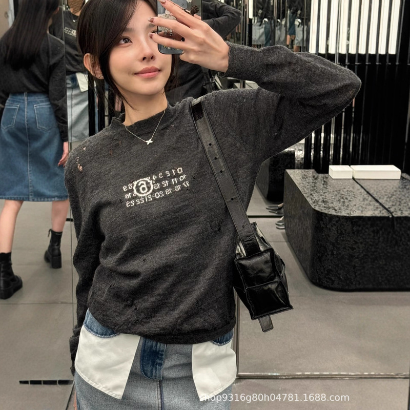 南油高版本25秋冬新款美式小众复古数字提花破洞套头毛衣男女同款|undefined