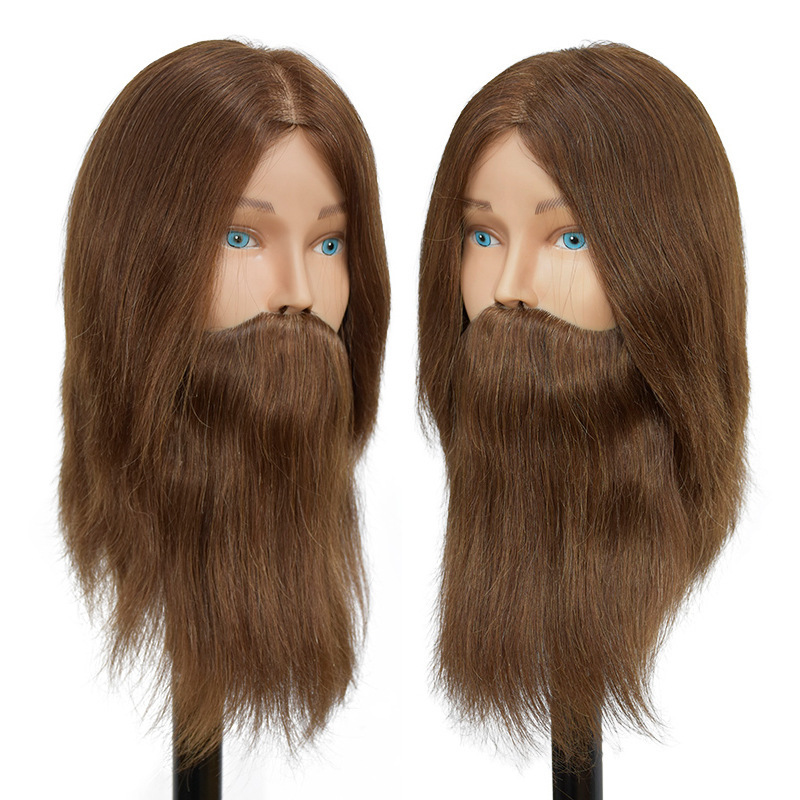Real hair head model men with beard wig model head men's teaching head fine scissors modeling dyeing and ironing practice doll head
