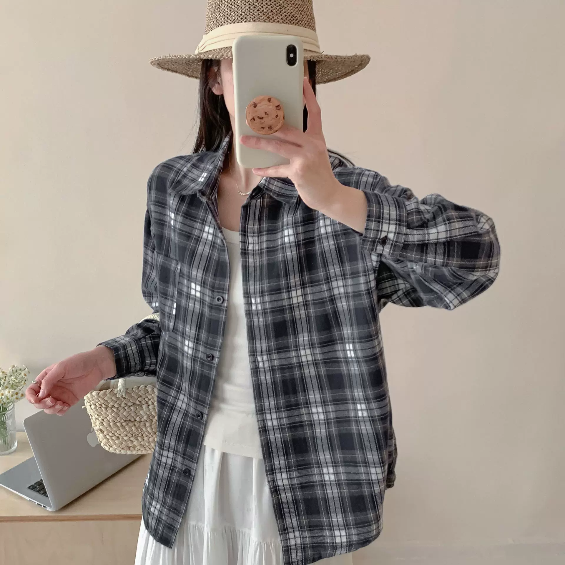 春秋格子衬衫女新款美式复古外套设计感潮流宽松休闲中长长袖上衣