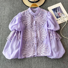 时尚百搭立领灯笼袖单排扣重工刺绣镂空蕾丝宫廷名媛衬衫上衣女潮