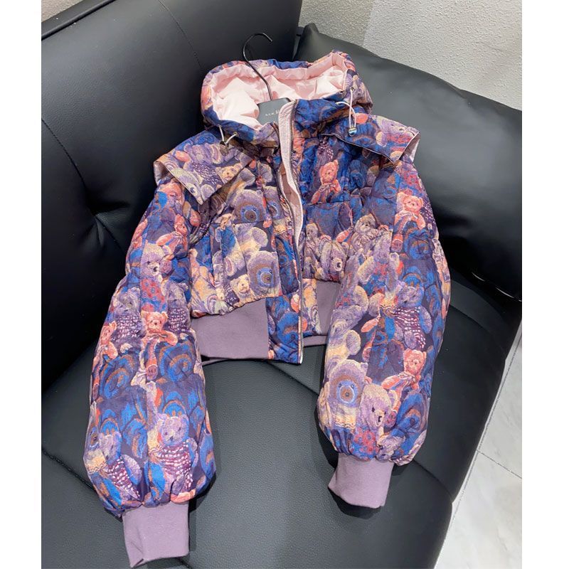 花卷2025冬季新款韩版印花气质翻领连帽短款90白鸭绒羽绒服外套女