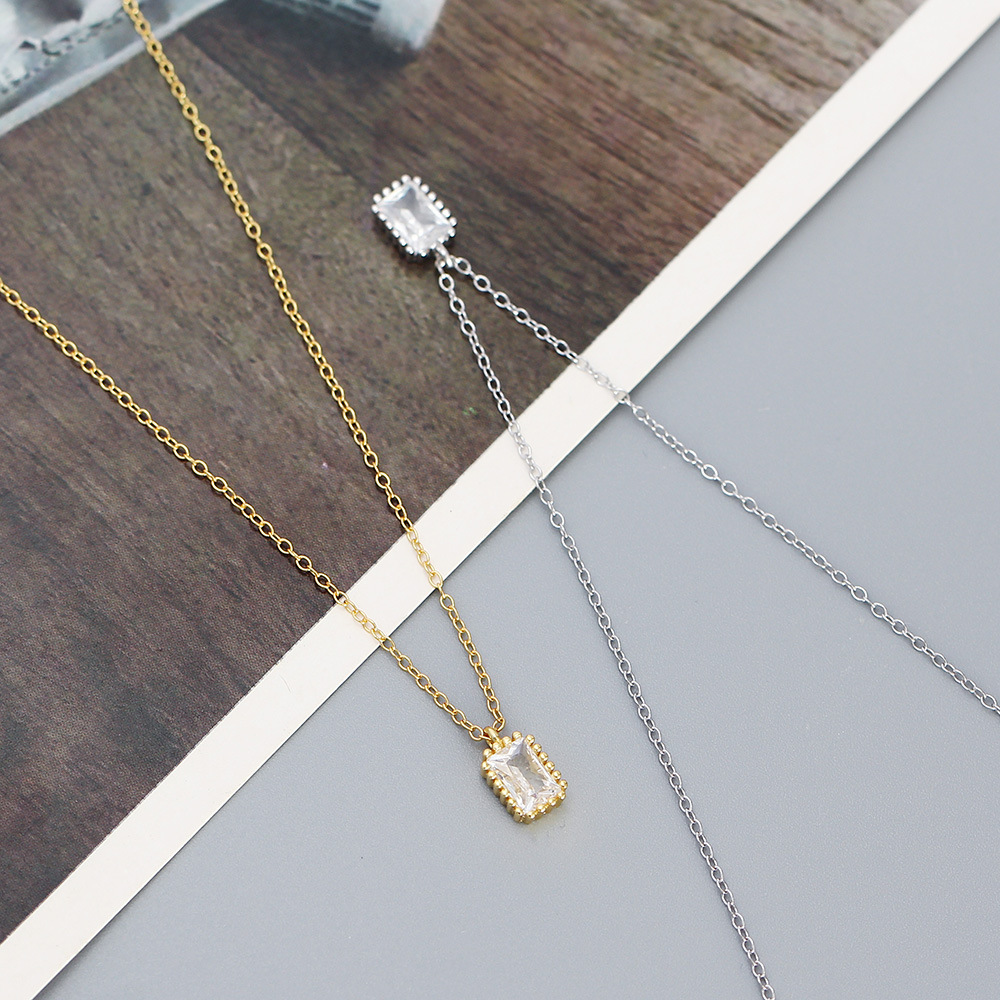 925 Sterling Silver Pendant Material Zircon Inlay Material Pendant Necklace Classification 925 sterling silver Chain Material 925 Sterling Silver Zircon Cable Chain Plating Inlay Rectangle Pendant Necklace