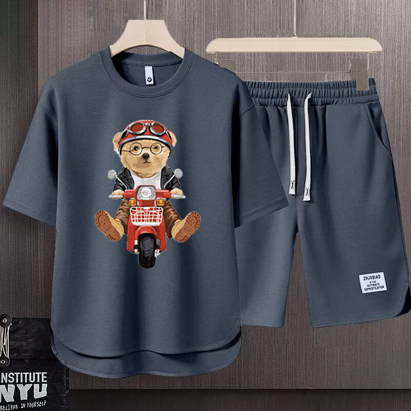 Men's Clothing 2024 Waffle Casual Summer Suit Men's Loose Teen Short sleeved T shirt Shorts Handsome Two piece Suit_maomaolike.com