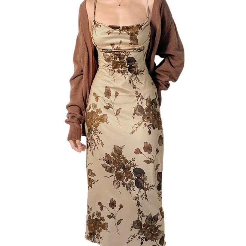 Новое элегантное женское платье в европейском и американском стиле с цветочным принтом, на тонких бретелях, с открытыми плечами, глубоким вырезом на спине, облегающее, повседневное, длинное.