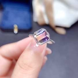 新款天然紫黄晶戒指S925银镶嵌主石8*8mm百搭网红爆款女饰批发