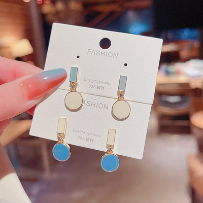 925 Silver needle Korean Edition new pattern Hit color Geometry Drip Earrings ins Audio network Same item personality Ear Studs