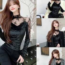 法式气质丝绒拼接蕾丝打底衫女2025秋冬新款心形领内搭高级感上衣