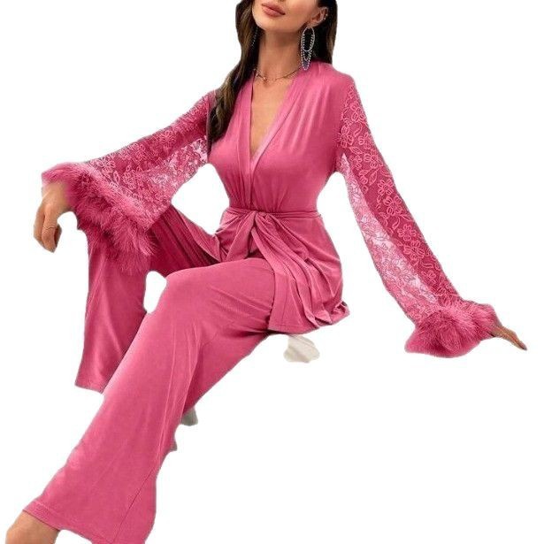 Tie Placket Type Polyester, Milk Fiber Fabric Type Long Top Length Home Women's Elegant Flower Polyester Milk Fiber Raw Hem Lace Pants Sets Pajama Sets