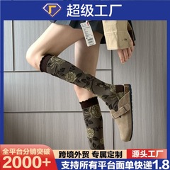 法式秋冬复古气质高智巴恩风穿搭及膝袜设计感玫瑰花咖色女小腿袜