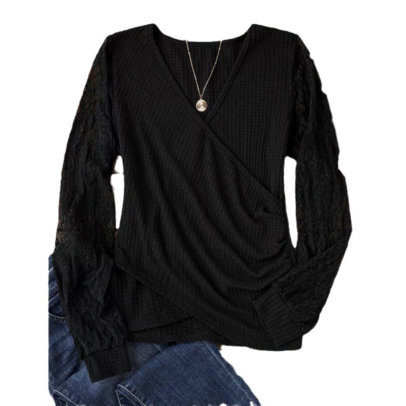 Damenbekleidung, neue Mode, Waffelspitze, langärmeliges Hemd, Pullover-Oberteil_voghion.com