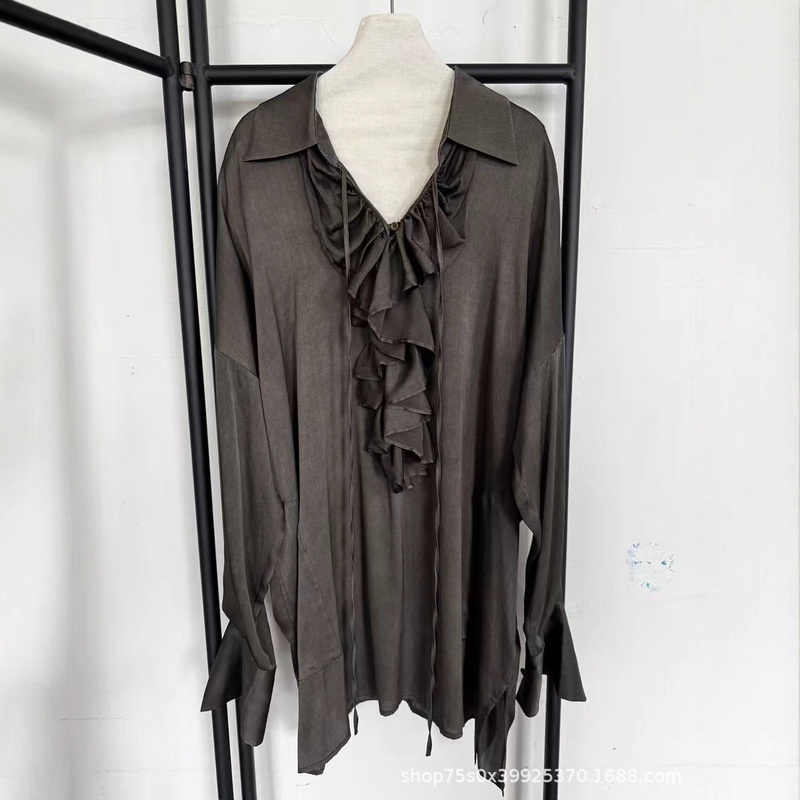 Designer Style Mulberry Silk Bud Collar Grayish Green Shirt Women's Jacket 2026 Spring New Women's Clothing