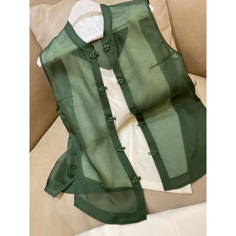 Personalized and Fashionable Design, New Chinese-Style Green Vest for Women, Spring Niche Outerwear, Sleeveless Jacquard Shirt, Thin Style