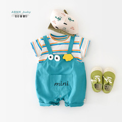 Summer rainbow striped half-sleeved jumpsuit for infants and young children, male and female baby cartoon crawling clothes, newborn outer wear fake two pieces