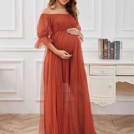 2023新款晚礼服 孕妇礼服 正式晚装 长款短袖一字领薄纱纯色孕妇