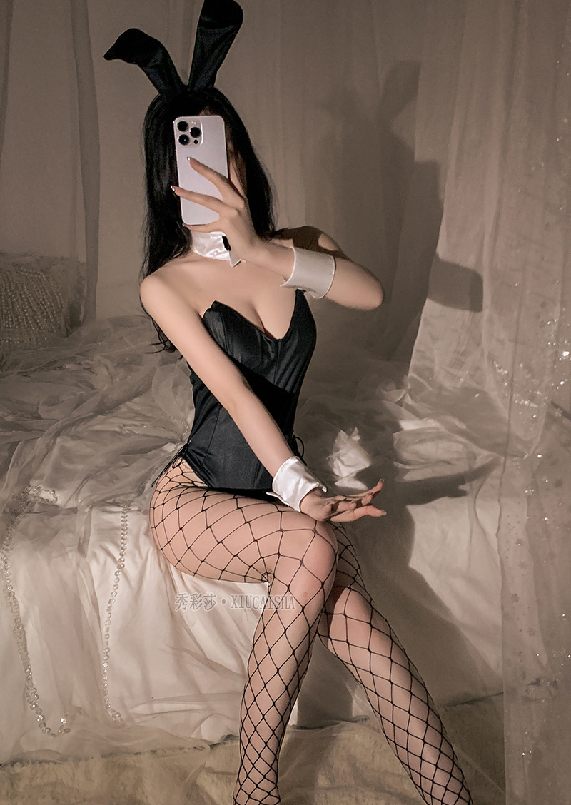 Bunny Roleplay Costume Set with Ears, Wrist Cuffs, Bow Tie, Bodysuit and Fishnet Stockings — detail image 4