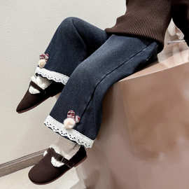 女小童秋冬加绒裤子2025新款洋气时髦儿童阔腿裤女宝宝牛仔裤百搭