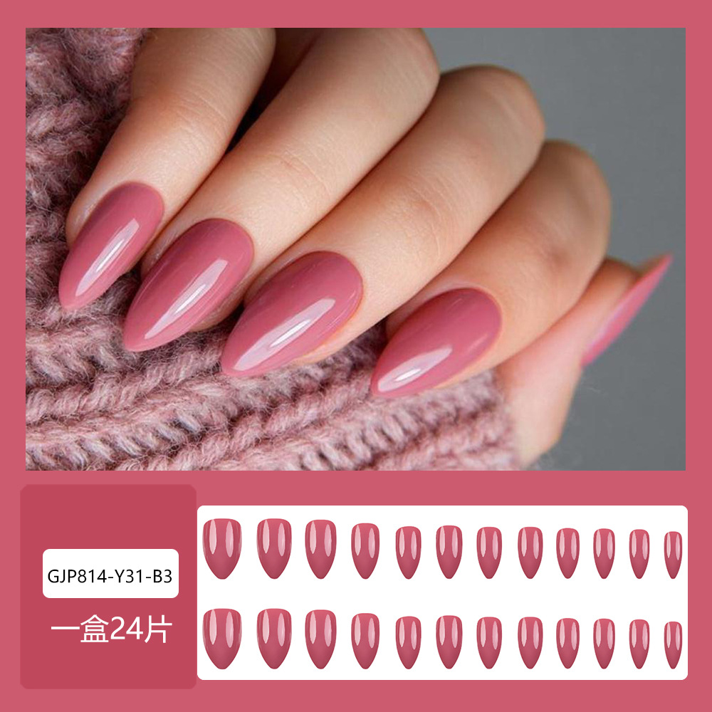 Comercio exterior polvo rosa brillante almendras de vestir uñas europeas y estadounidenses blanqueamiento de uñas 24 piezas de uñas falsas al por mayor