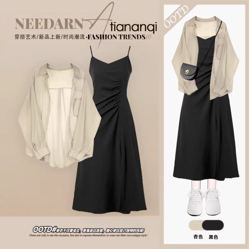 Summer Stylish Outfit for Women: Retro Sun-Protective Shirt Paired with a Sweet and Spicy Waist-Cinching Slimming Strap Dress Two-Piece Set Summer Stylish Outfit for Women: Retro Sun-Protective Shirt Paired with a Sweet and Spicy Waist-Cinching Slimming Strap Dress Two-Piece Set