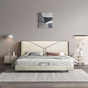 New Modern Mattress, Simple 1.8m Master Bedroom Leather Bed, Italian Minimalist Top-Grain Leather Home Double Soft Bed