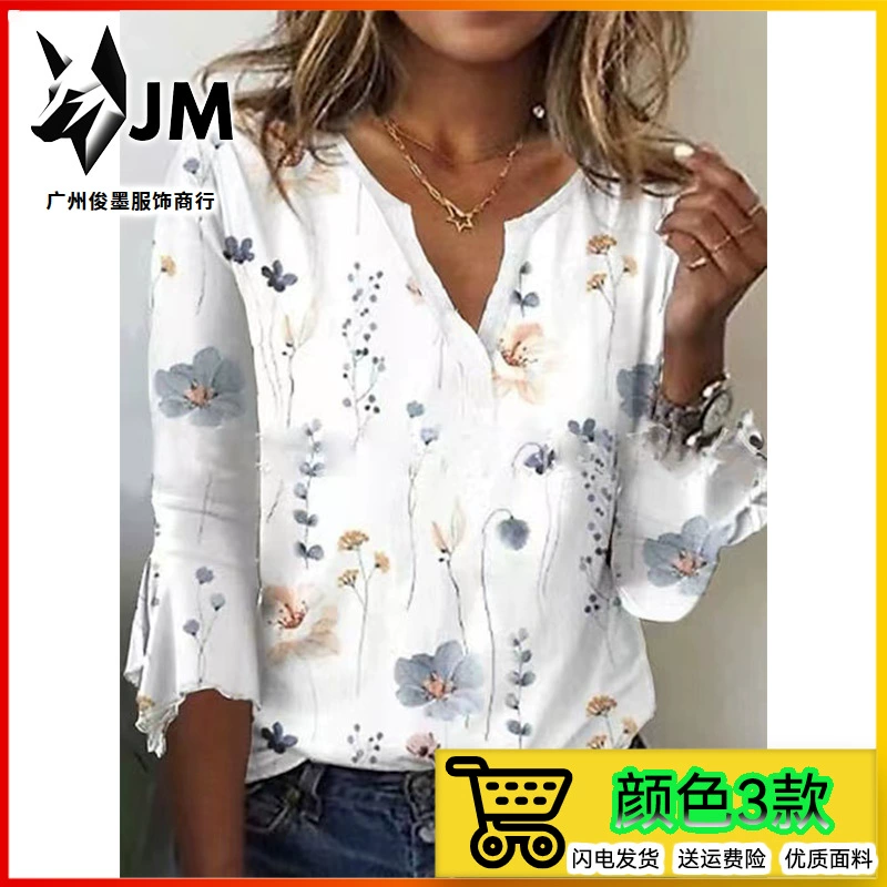 2023 Amazon Independent Station Cross-Border Горячая Внешняя торговля Весна и лето Новая модная футболка с принтом Повседневная футболка с длинным рукавом для женщин