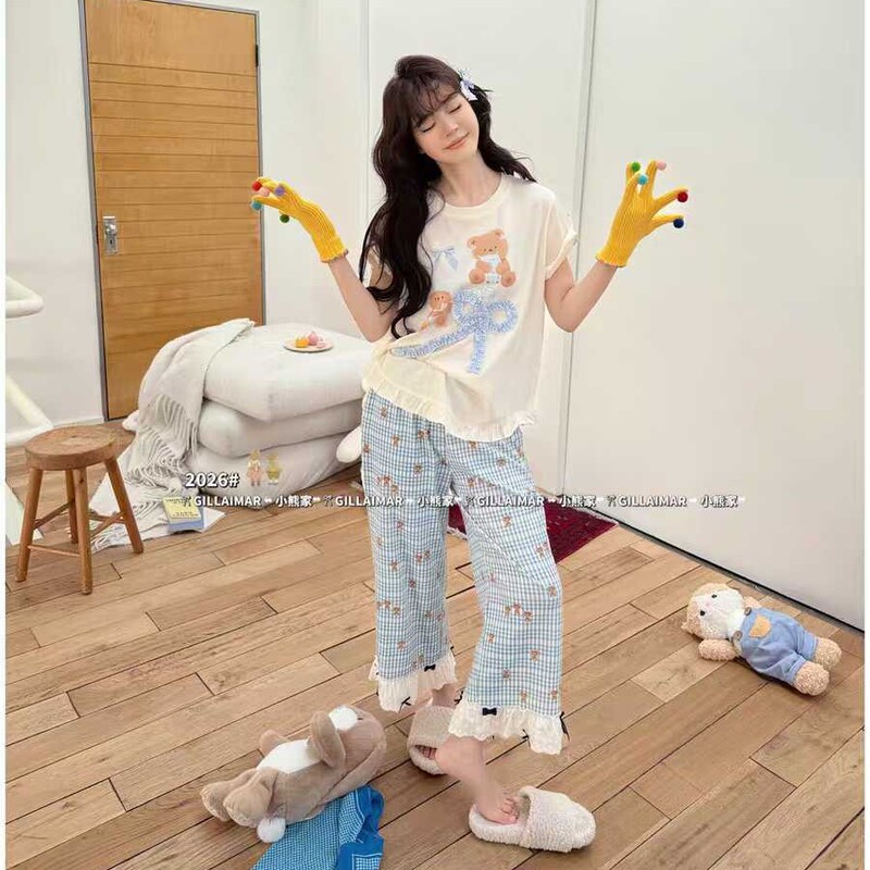 New Style Pure Cotton Pajamas for Women, Spring and Summer Cartoon Bow Lace Plaid Short-Sleeved Home Wear Set That Can Be Worn Outside