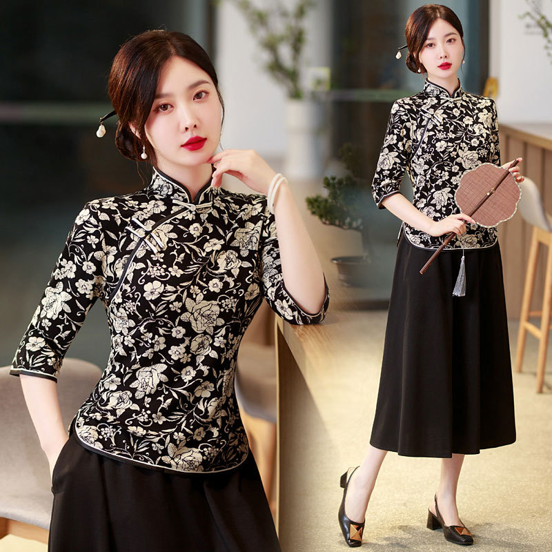 中年妈妈春夏秋装七分袖旗袍上衣修身新款中式中老年女装中袖唐装