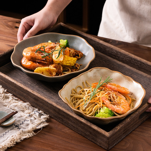日式复古盘子碗家用菜盘新款大餐盘沙拉盘深盘粗陶餐具感