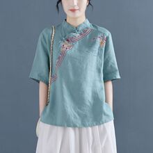 D2V中国民族风上衣中式女装复古风刺绣棉麻衬衣套头立领盘扣茶服