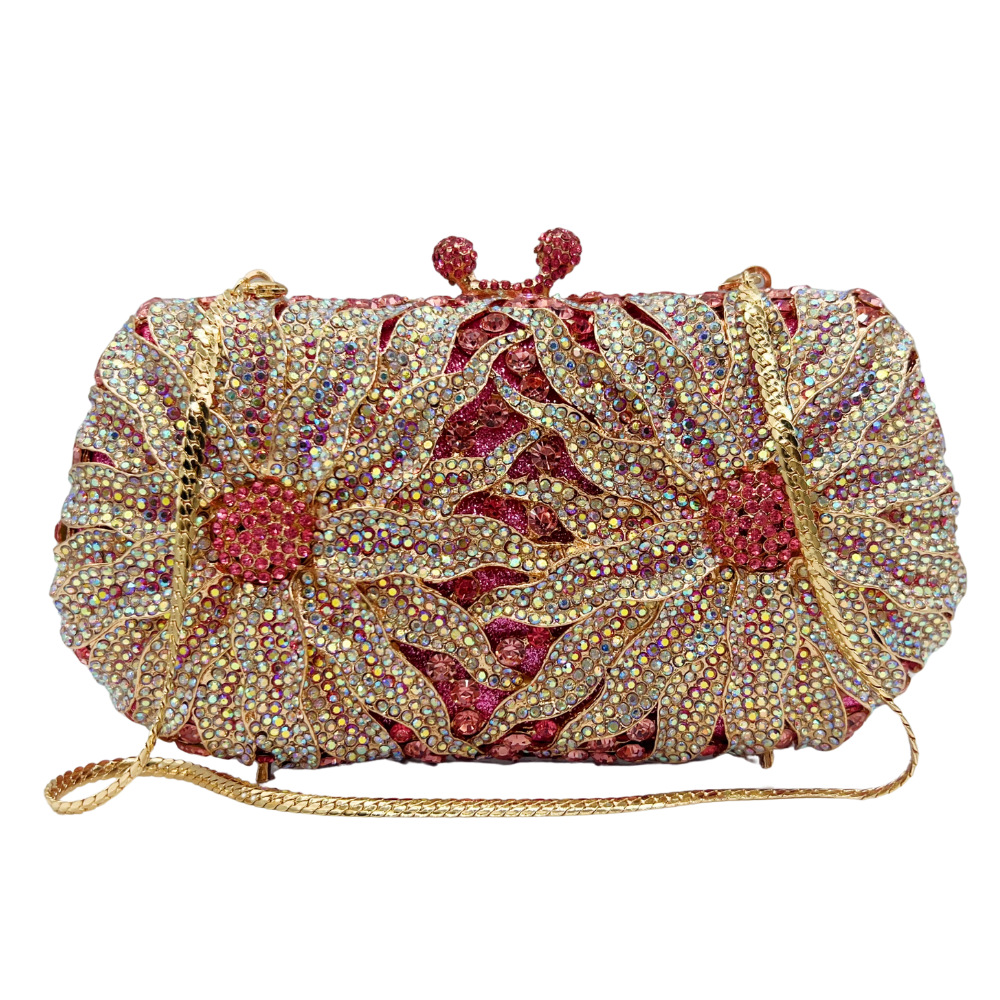Túi clutch nữ dự tiệc đính kim cương hoa cúc, phong cách châu Âu — màu vàng, màu phấn, màu xanh lá cây
