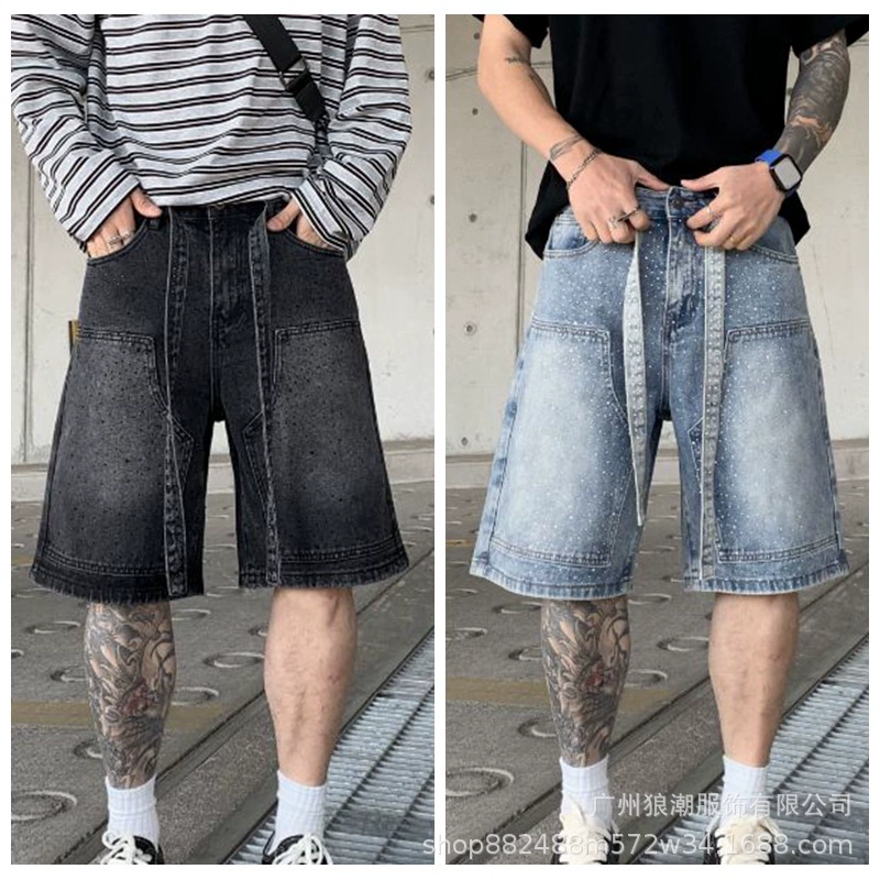Трансграничная оптовая лазерная полная бриллиант джинсовые шорты мужские стирание старые джинсы ретро свободные прямые брюки ленивый ветер