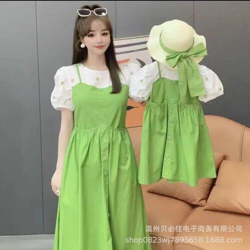 Parent-child wear, mother-daughter fashion, children's princess dress, summer dress, Korean style new summer slimming fake two-piece girl's dress