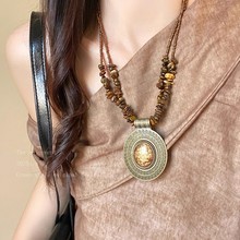 波西米亚复古重工松石串珠古雕花纹项链女小众民族风设计感锁骨链